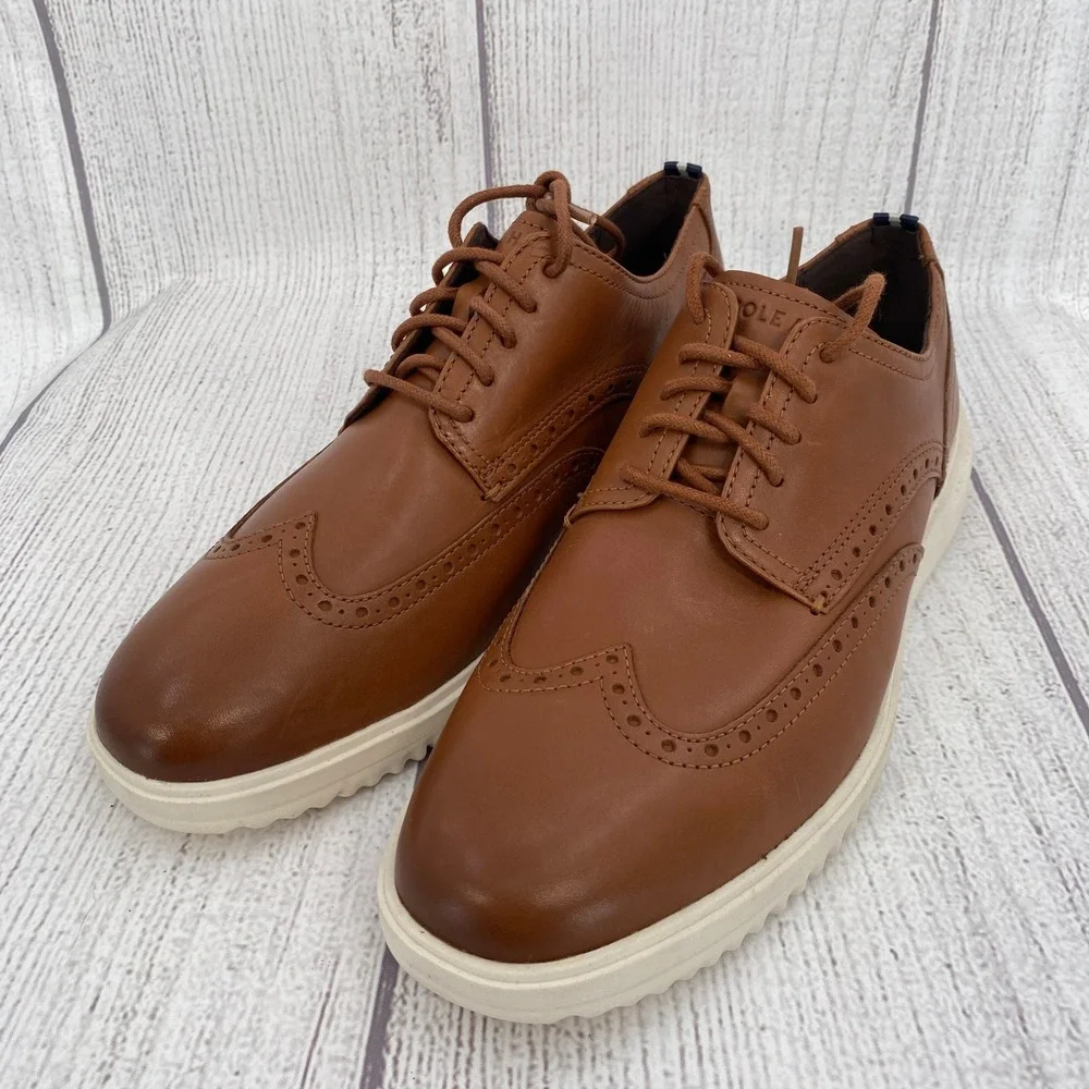 Cole Haan Grand+ Wingtip Oxford Mens 9M British Tan Modern Craft Leather Shoes
